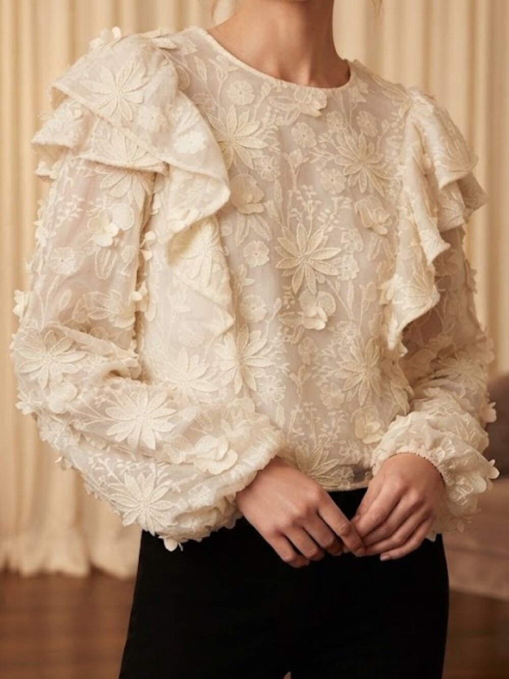 House of Harlow 1960 Cream Embroidered Ruffle Blouse Size S